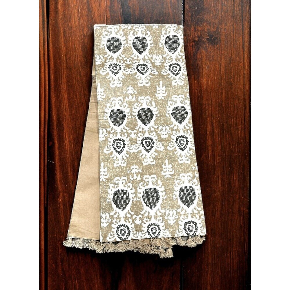 Threshold Cotton Scarf Table Runner Beige Brown Tan End tassels 14”x71” Boho